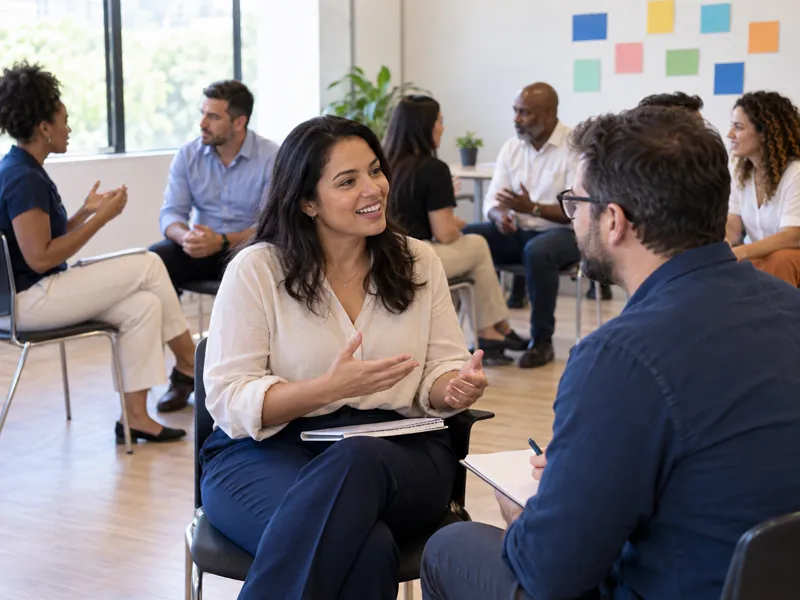 Participantes de workshop de atendimento ao cliente em atividade em grupo